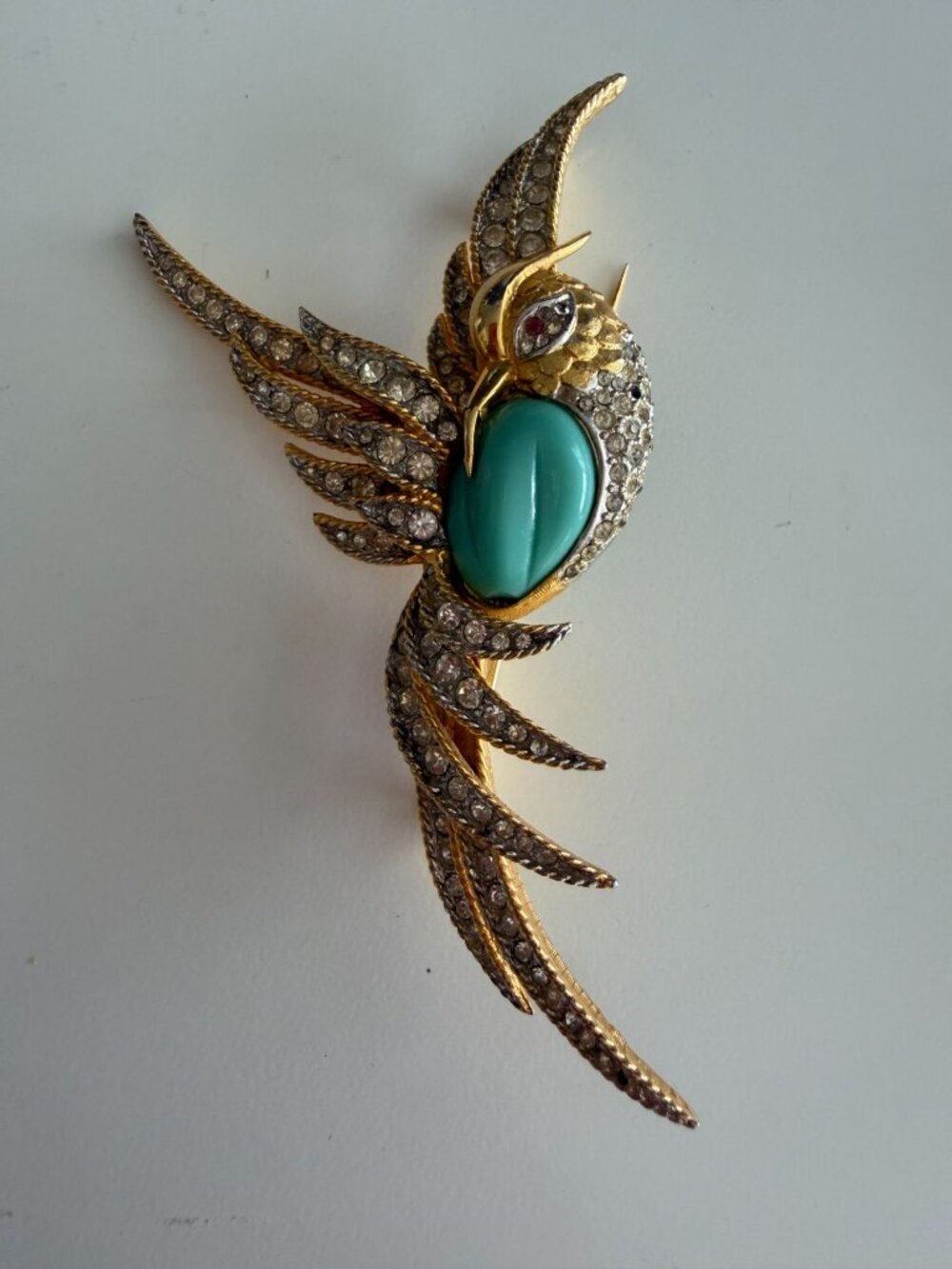 MARCEL BOUCHER Vintage Bird of Paradise Turquoise Breast Gold Tone Brooch Pin